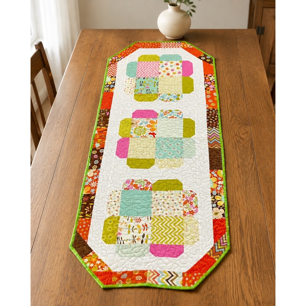 Handmade Quilted Patchwork Table Runner 50 x 21 Inch Colorful Cottage Decor
